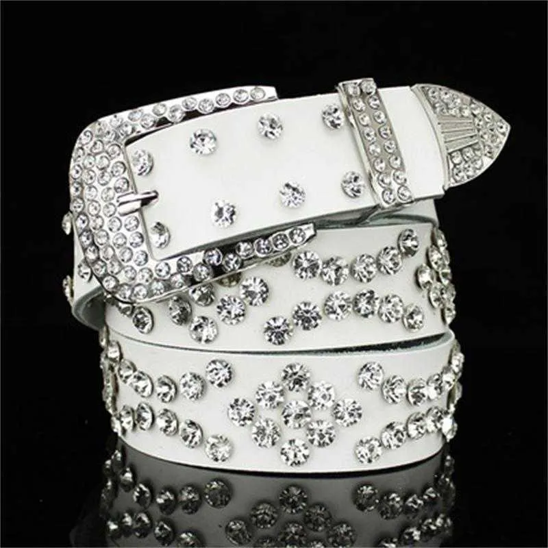 Western Cowgirl Cowboy Style Rhinestones Belt Bling Studded Crystal Belts For Women Men Fashion Genuine Leather belt Street Punk X0726