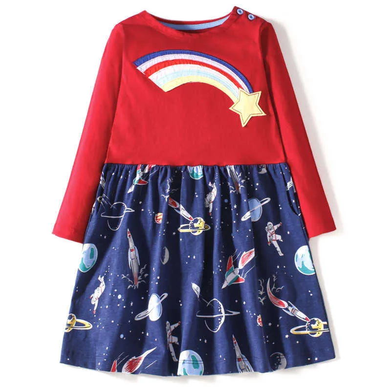 Jumping Meters Arrival Spaces Rockets Print Prinzessin Baumwollkostüm Baby Mädchen Kleid für Herbst Frühling Kinderkleidung 210529