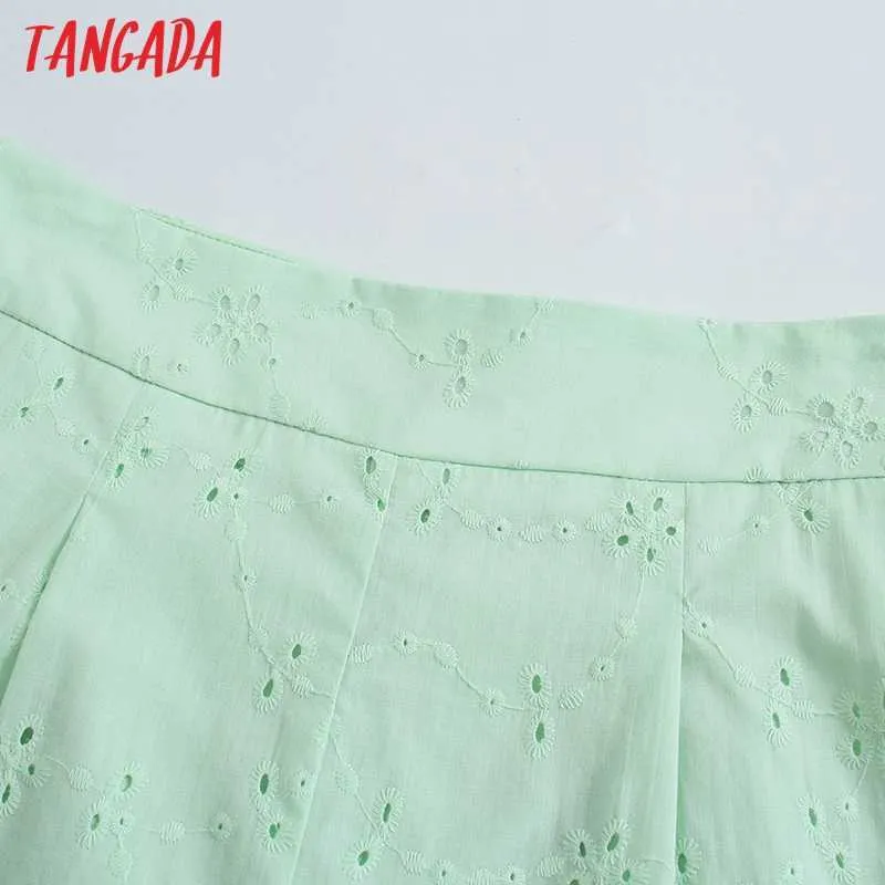 Tangada Donna Elegante Pantaloncini ricamati verdi Tasche laterali con cerniera Pantaloncini OL Pantalones JE60 210609