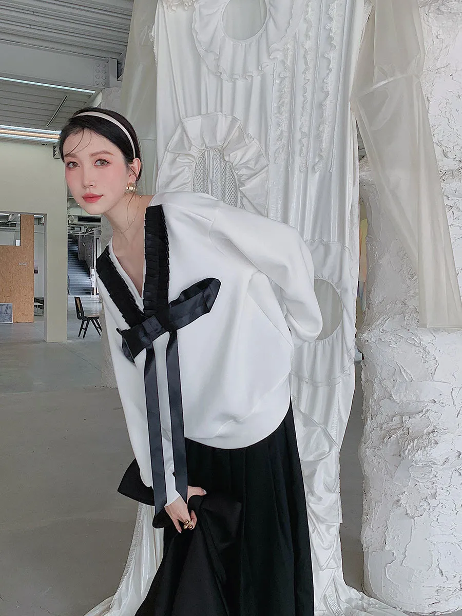 Damskie Bownot Splited White Pullover Bluzy Vintage V Neck Loose Koreański Styl Topy Moda Streetwear Kobieta 210515