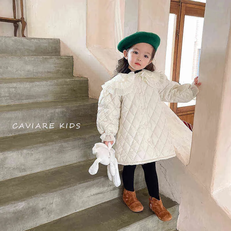 Inverno neonate cappotti di cotone imbottiti colletto di pizzo stile coreano principessa Parka bambini addensare capispalla 211204