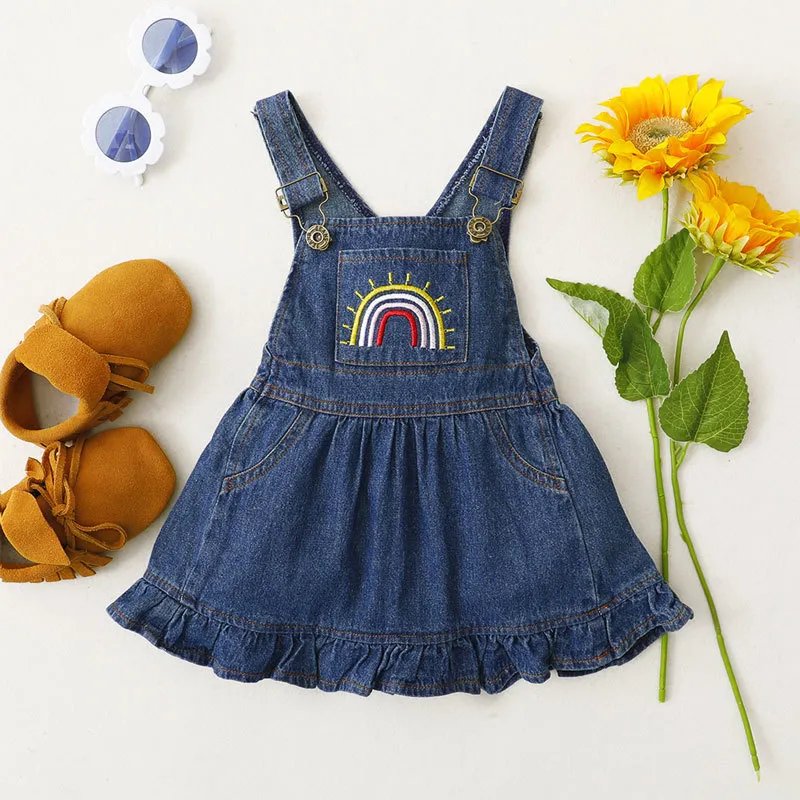 0-3Years Vintage Toddler Infant born Baby Girls Dress Rainbow Denim Overalls Ruffles Dresses For 210515