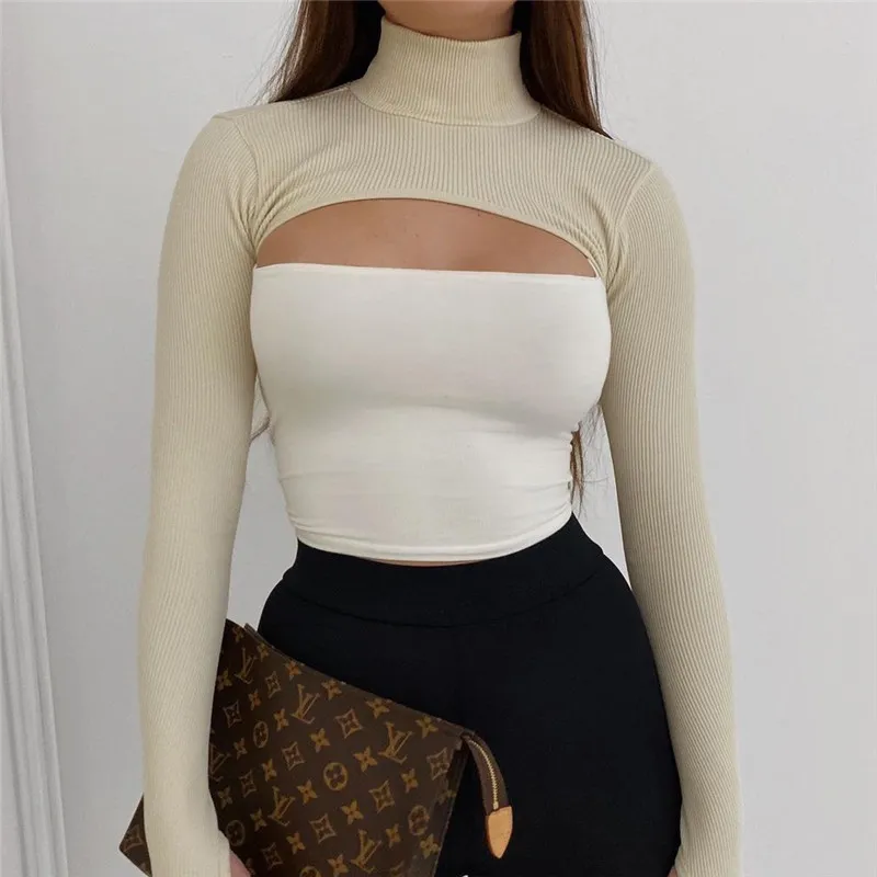 Sexy Knitted Turtleneck Short Top Women Fashion Long Sleeve Streetwear Tshirts White Tees 210430