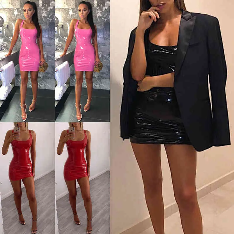 Mulheres Lápis Vestido Verão Moda Sexy Feminino Couro PU Bandagem Bodycon Alça Sem Manga Festa Mini Preto Rosa Vermelho Clubwear 210522