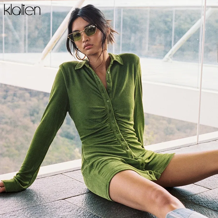 Klalienファッションエレガントなフランネルハイウエストは、薄いソフトミニドレス女性秋の長袖ボディコンドレスオフィスレディ210320でした