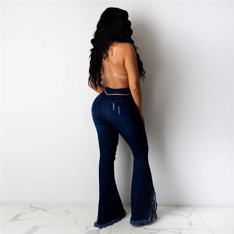Femmes Jeans Bell Bottom Ripped Skinny Hole Classique Taille Haute Flare Denim Zipper Bouton Plus Taille 3 Couleurs Pantalon 210522