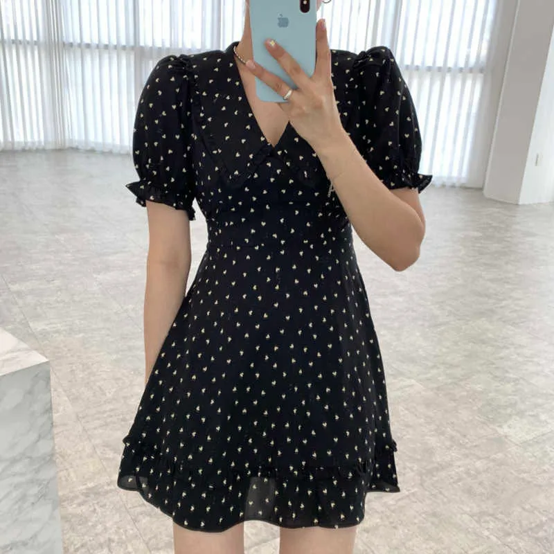 Korejpaa Women Mini Dress Korean Fashion Chic Retro Love Printed Doll Collar Ruffle Slim High Waist Bubble Sleeve Vestido 210526