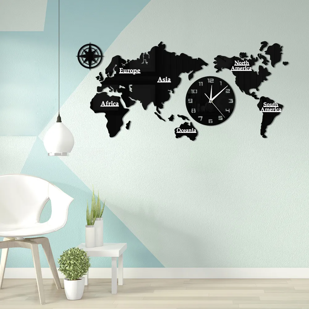 Världskarta Modern Heminredning Stor Klocka Silent Non Ticking Watch Office Geography Wall Art Travel Presentidé 210325