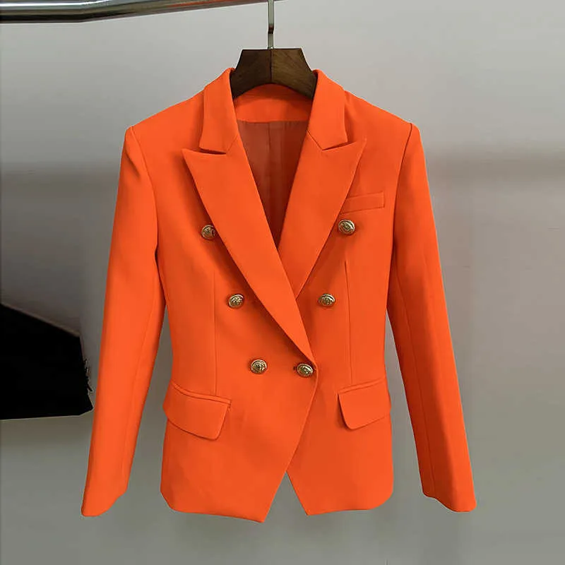 Wysokiej jakości kurtka damska garnitur pomarańczowy żeński biuro jesień i zima Slim-Fit Metalowe dwurzędowe panie Blazer 210527