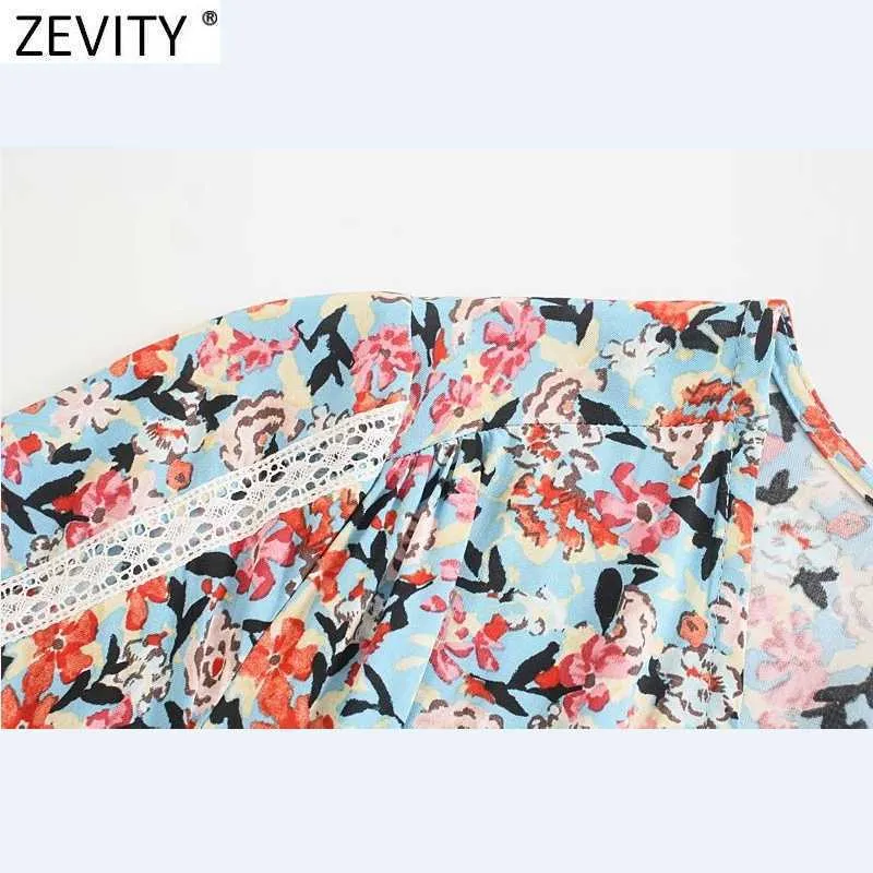 Zevity Kobiety Eleganckie V Neck Floral Print Pleat Ruffles Midi Sukienka Kobieta Koronki Patchwork Elastyczne Vestido Chic Boho Sukienki DS8332 210603