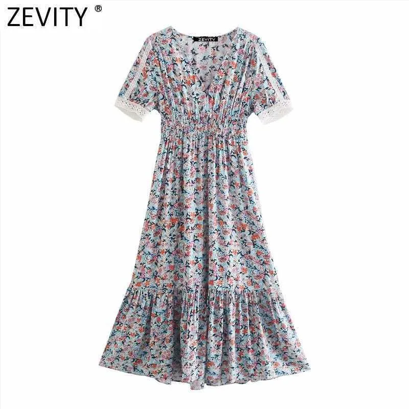 Zevidade Mulheres Elegante V Pescoço Cópia Floral Preto Ruffles Midi Vestido Feminino Retalhamento Relógio Elástico Vestido Chic Boho Vestidos DS8332 210603