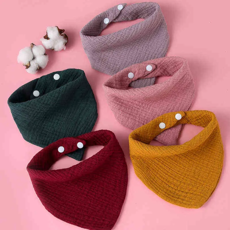 Baby Bibs Cotton Accessories born Solid Color Snap Button Soft Triangle Towel Feeding Drool Bibs 211117
