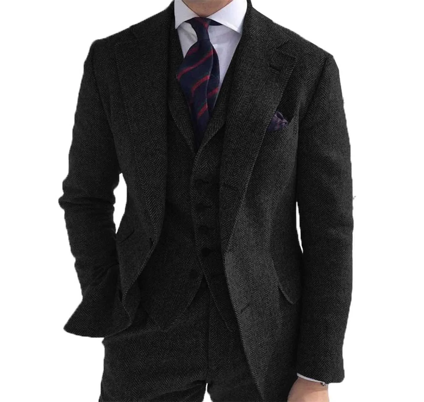 Mens kostymer 3 stycken grön ull Tweed Sillbone Business Retro Classic PatternTuxedos för Wedding Blazer Byxor Vest X0909