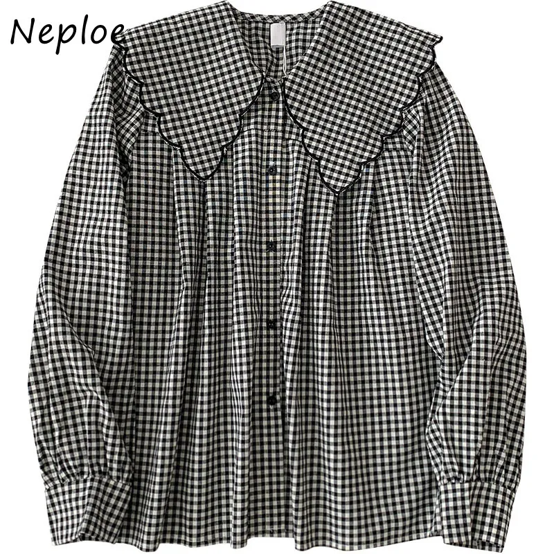 Neploe Doll Collar Hit Color Patchwork Loose Blue Women Långärmning Single Breast Sweet Blusas Spring Shirt Feminino 210326