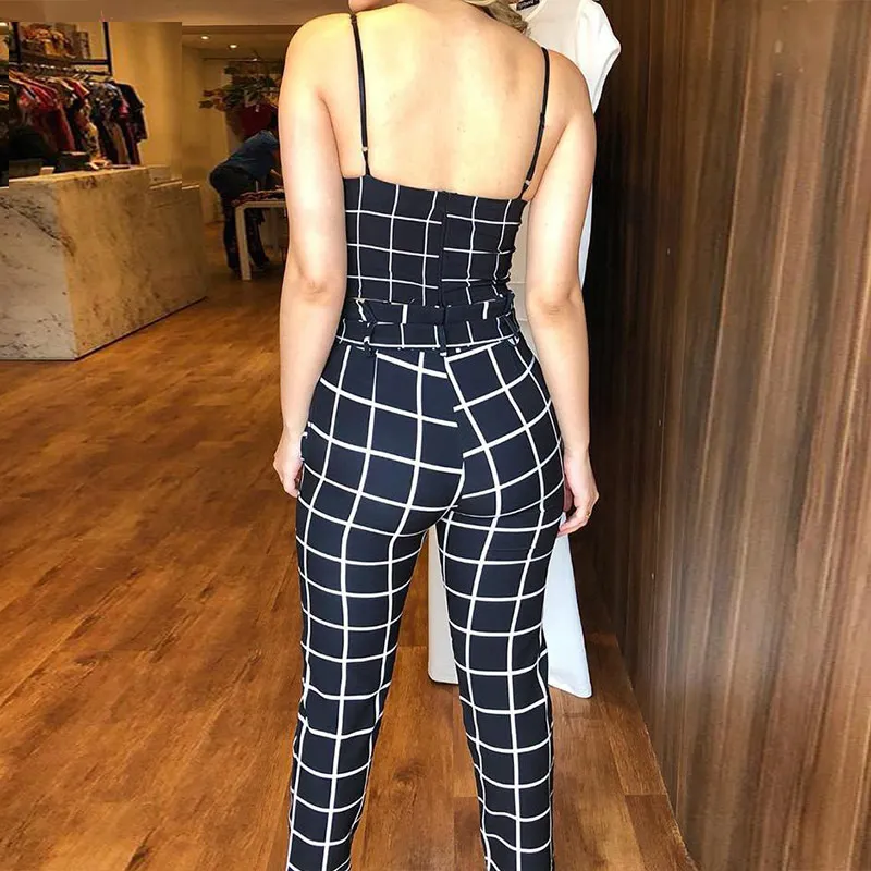 Women Two Piece Sets Summer Short Sleeveless Grid Plunge V-neck Wrapped Plaid Cami Top High Waist Bodycon Ankle-length Pants X0428