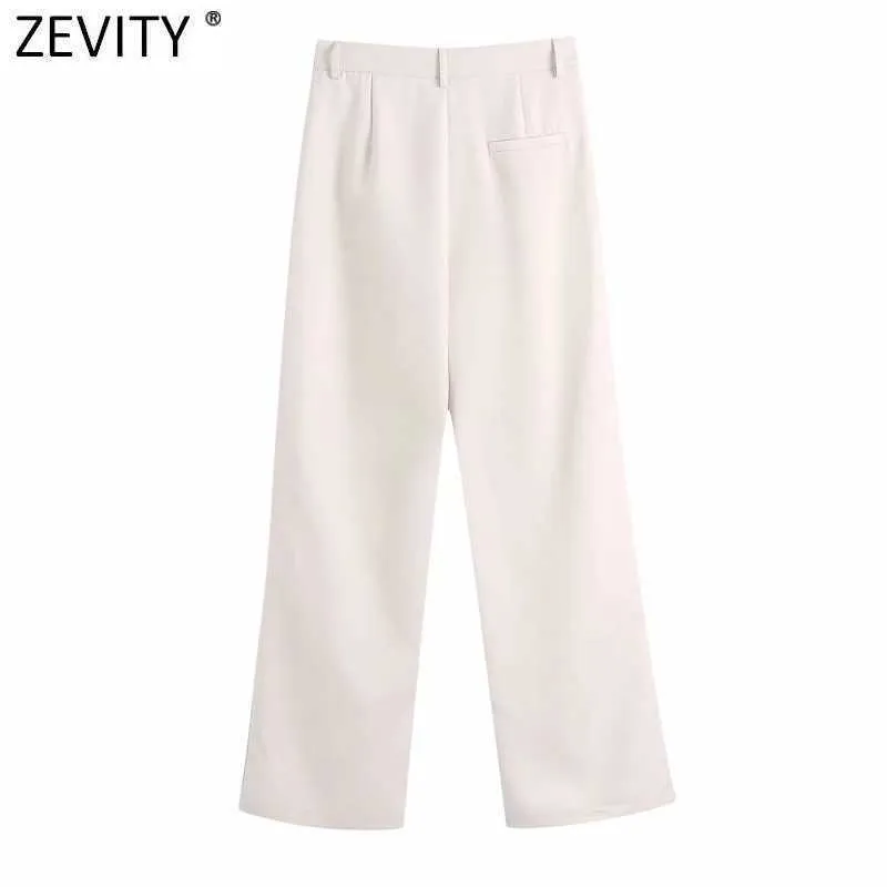 Zevity Women Fashion Solid Färg Pleat Design Ficka Rak Byxor Retro Kvinna Chic Zipper Fly Casual Long Byxor P1106 210603