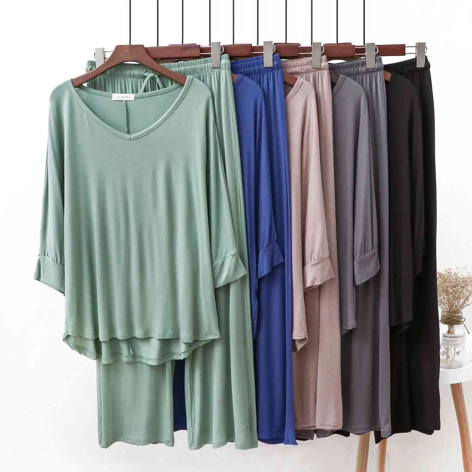 Pyjamasanzug Bat Sleeve Feste Farbe Baumwolle V-Ausschnitt Elastische Taille Wide Bein Hosen Hosen 2 Stück Set Weiche Home Wear 211106
