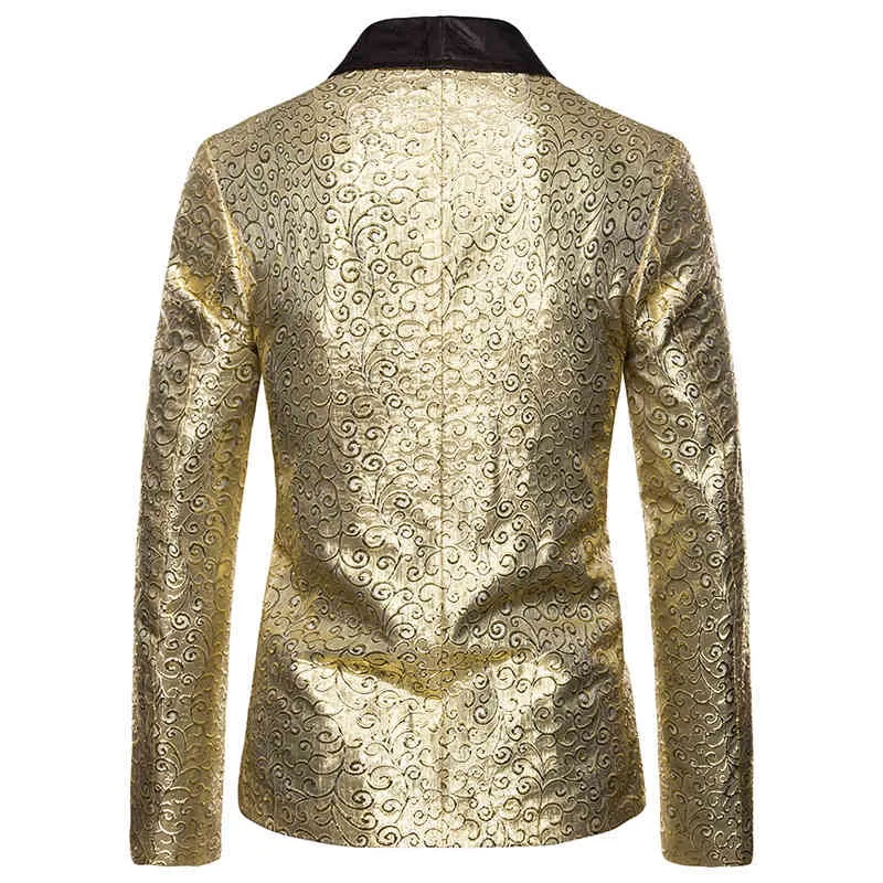 Glänsande guld floal jacquard One Button Suit Jacket Male Black Shawl Collar Slim Fit Mens Blazers Party Prom Stage Kläder för män 210522