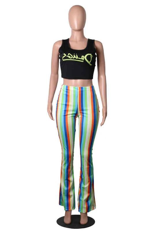 Womens Skinny Rainbow Striped Flared High Waist Multicolor Pants Fashion Womens Pants
