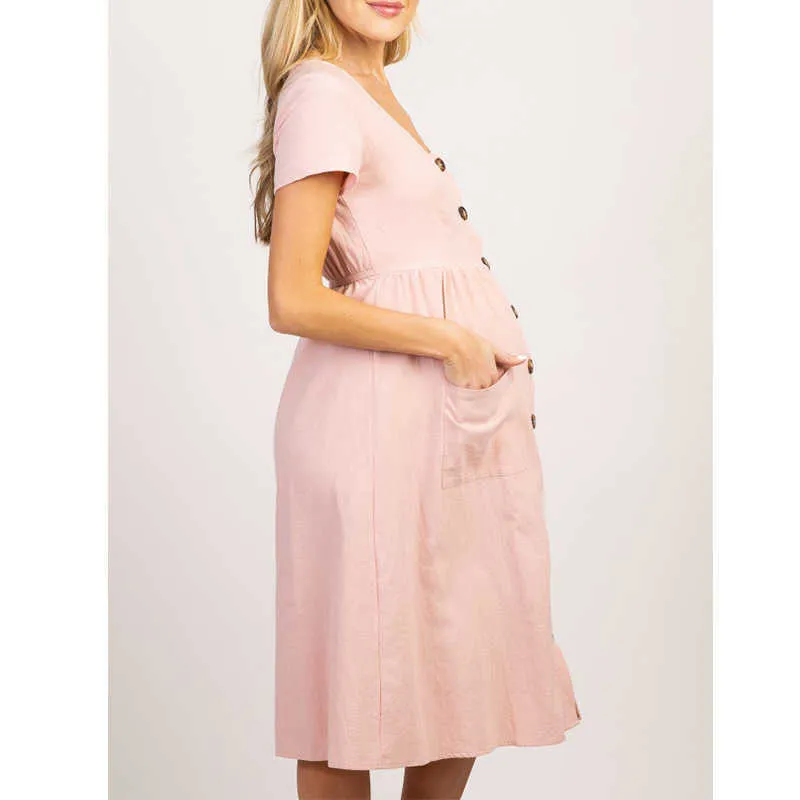 マタニティ服2021春夏妊娠中の女性のドレスカジュアルなセクシーなVネック3/4スリーブソリッドAラインドレスvestidos Plus Sizes Y0924