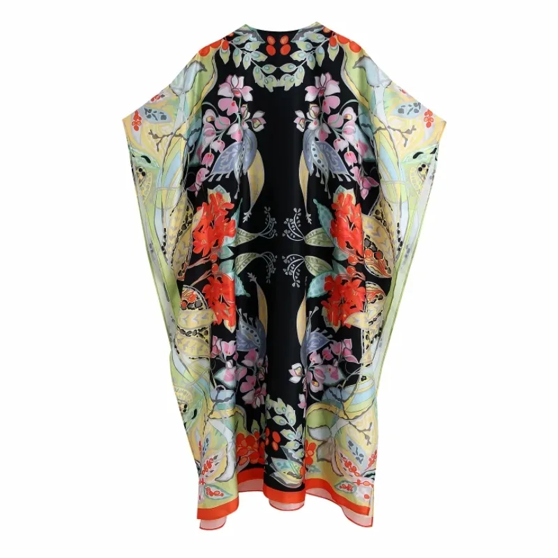 Zomer vrouwen plaatsing print v-hals batwing mouw satijn midi jurk vrouwelijke kleding casual dame losse vestido D7667 210430