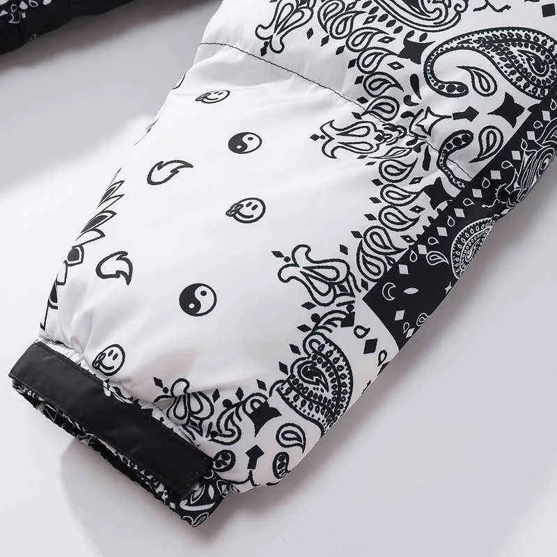 Män Cashew Parka Koreanska Oversize Stitching Black White Puffer Jacket Mode Utskrift Graffiti Coats Hip Hop Loose Streetwear 211214