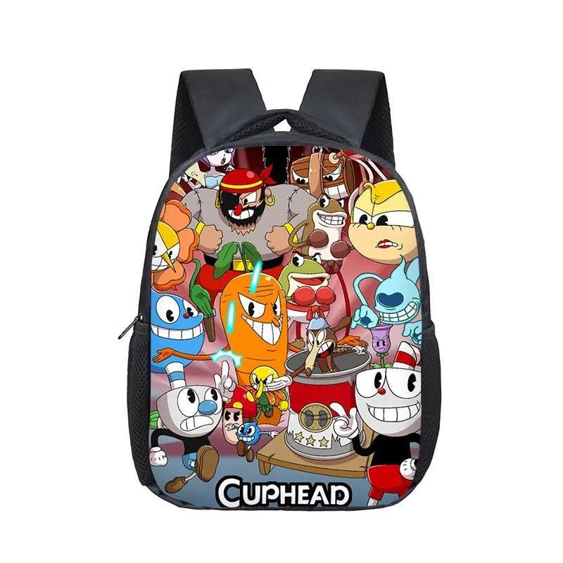 Mochila 12 pulgadas Juego Cuphead Mugman Kindergarten Infantil Pequeño para niños Bebé Dibujos animados Bolsas escolares Niños Gift250V