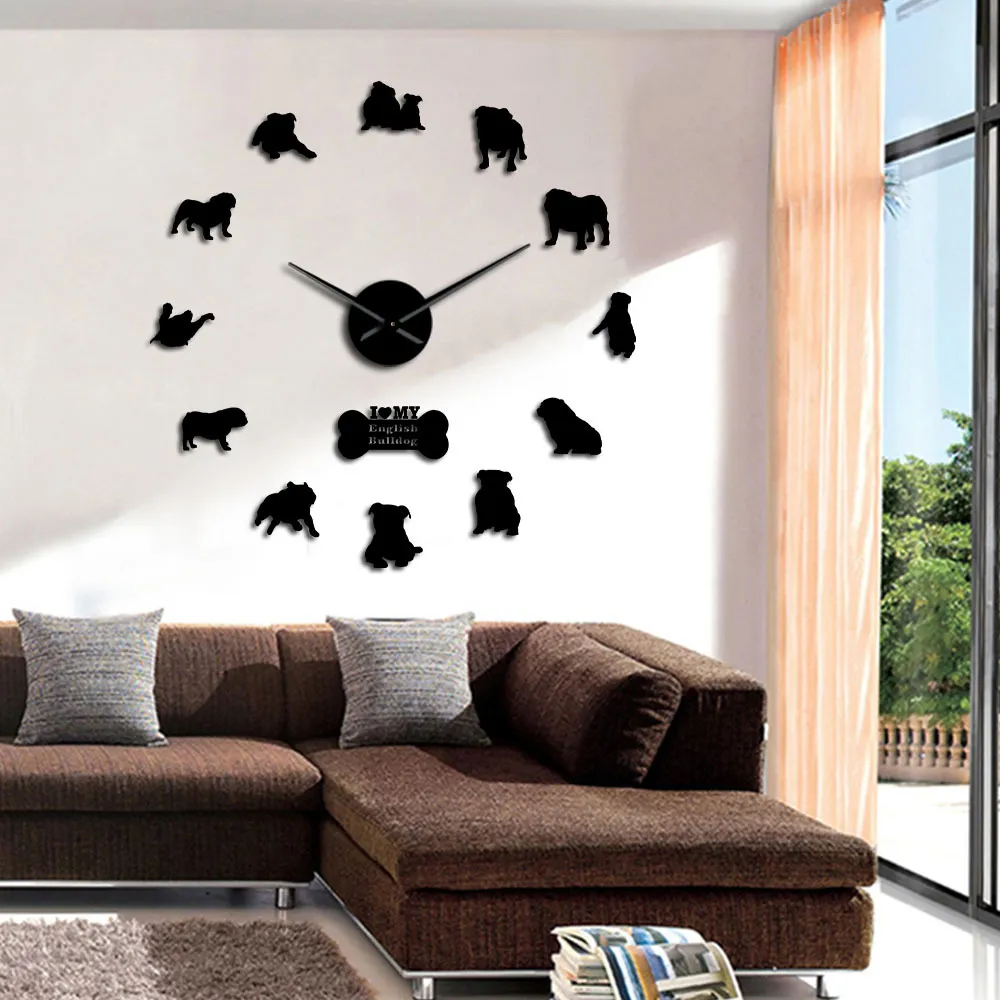 Inglés decoración del hogar Bulldog británico siluetas arte DIY grandes relojes Big Time reloj de pared 210325