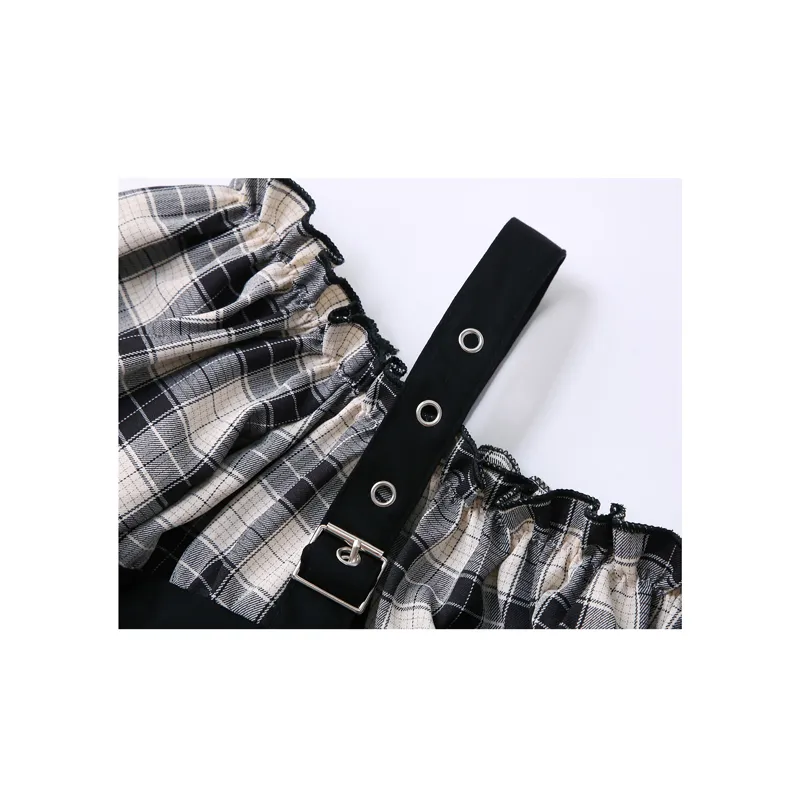 Coreano Streetwear Plaid a maniche corte Wommen Comisole Camicette Slash Neck Nero Skinny Vevts Estate Falso in due pezzi Top 210515