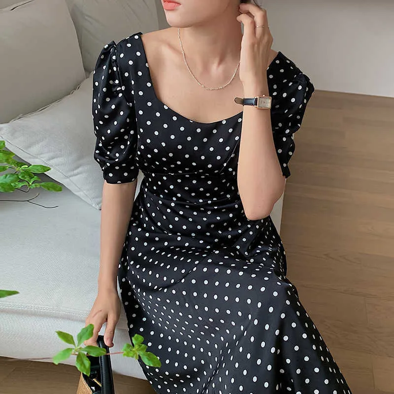 Korejpaa Kvinnor Klänning Sommar Koreanska Chic Ladies Elegant Temperament Square Collar Polka Dot Slimming Puff Sleeve Vestidos 210526