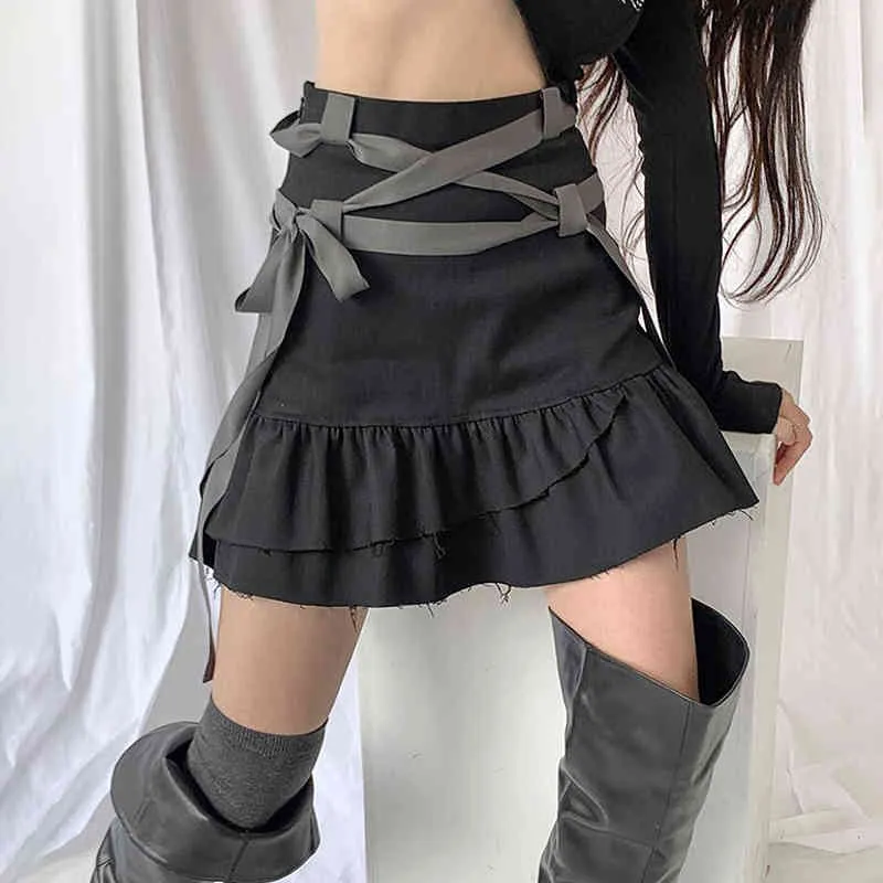 Kvinnor hög midja mini kjol gotisk lolita kawaii båge bandage spets upp pläterade ruffles kaka kjolar hajuku y2k kläder streetwear 210517