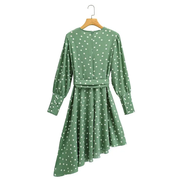 Vintage à pois robe chemise femmes automne hiver élégant avec ceinture vert décontracté dames court 210427