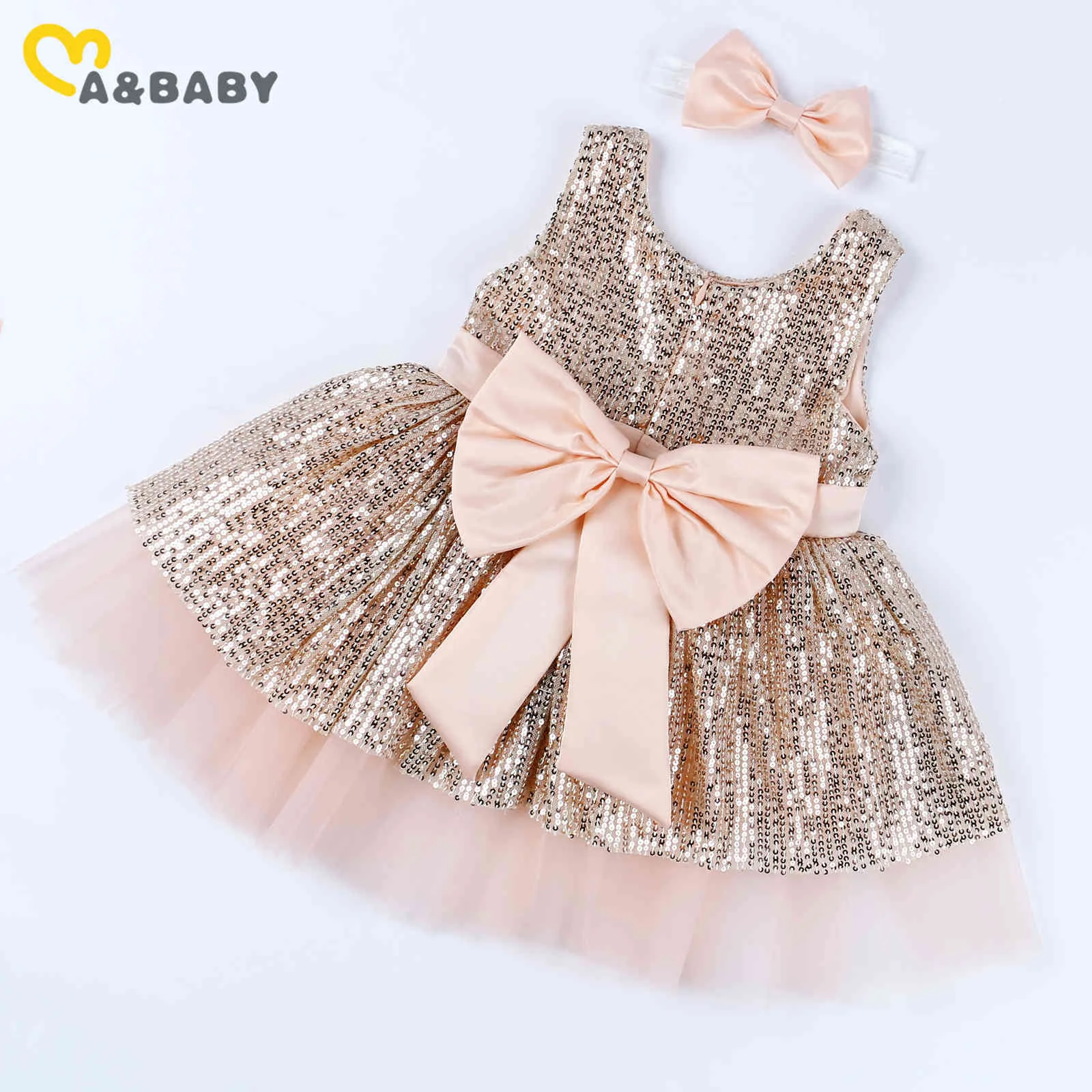 0-5Y Born Baby Kid Girls Dress Ball Suknia 1st Party Urodziny Suknie Dla Cekiny Big Bow Koronki Kostiumy 210515