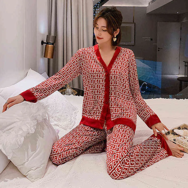 JULY'S SONG Pajamas Set Women Stain Spring Summer Sleepwear Retro Luxury Ice Silk Letter Printing Long-sleeved Homewear Y1125