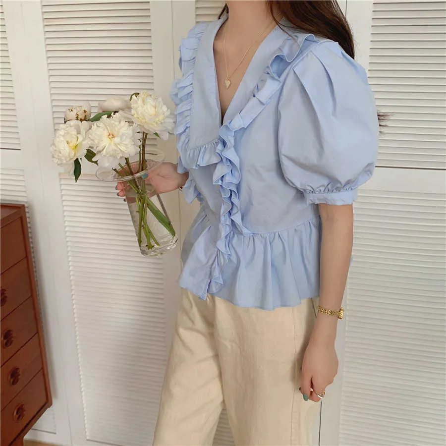 Ruffles Gentle Clothe Tops Blouses Sweet Femme Elegance Princess Chic Fashion All Match Girls Loose Shirts 210525