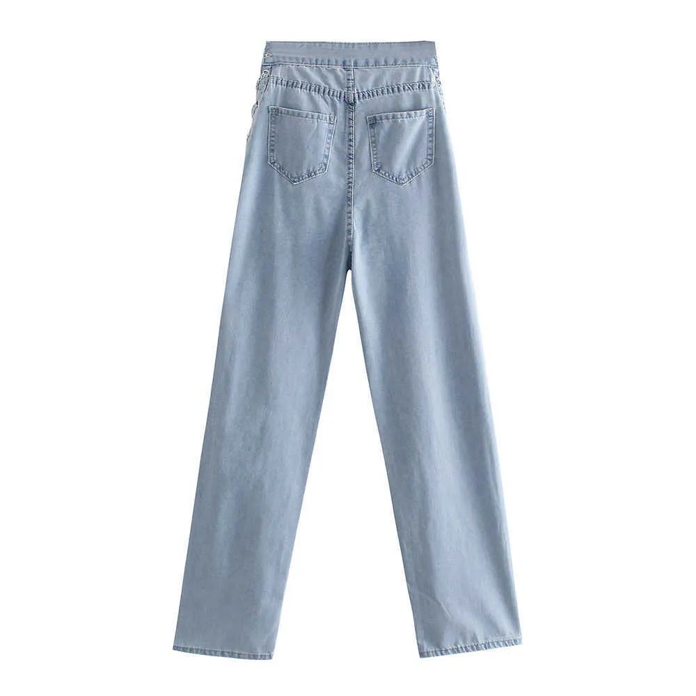Hög midja kedja jeans för kvinnor vår sommar lösa byxor rakt kvinnlig stil mode tunn mjuk komfort 210531