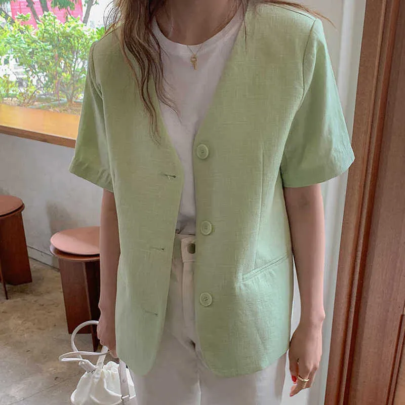 Korejpaa Women Jacket Summer Korea Chic Ladies Fresh Green V-Neck Loose Three-Button Thin Linen Cotton Short-Sleeved Blazer 210526