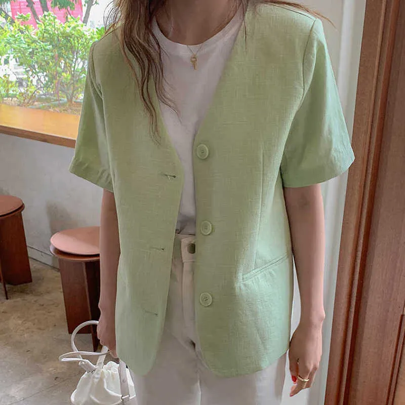 Korjpaa Kvinnor Jacka Sommar Korea Chic Ladies Fresh Green V-Neck Loose Tre-Button Tunn Linen Bomull Kortärmad Blazer 210526