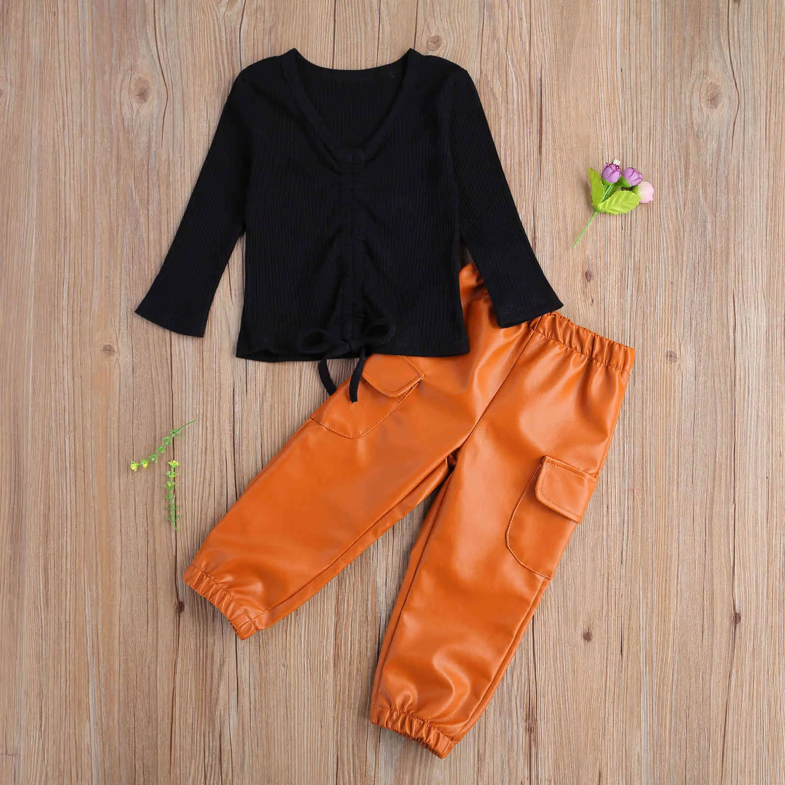 2-8Y Spring Autumn Children Kid Girls Clothes Set Bandage Long Sleeve T shirt Top Pu Leather Pants Outfits Costumes 210515
