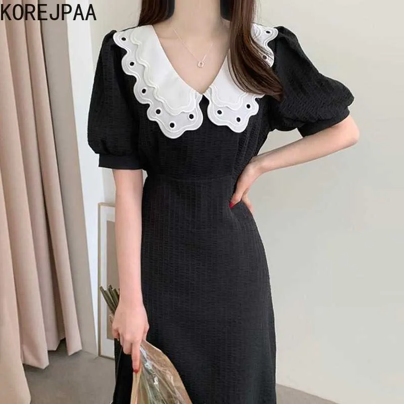 Korejpaa Women Dress Korea Chic Temperament Double-layer Doll Collar Contrast Pleated Lace-up Waist Bubble Sleeve Vestidos 210526