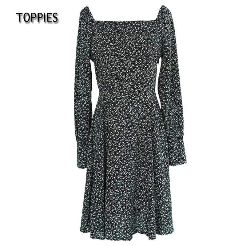 Toppies Women Mini Dresses Vestidos Flowers Print French Style Dress Puff Long Sleeve Ladies Sundress 220215