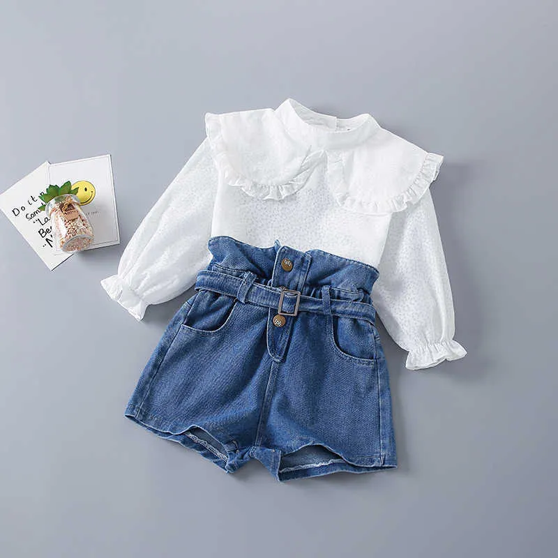 2-7 Years High Quality Spring Girl Clothing Set Fashion Casual Cute Shirt + short Jeans Kid Children Girls 210615