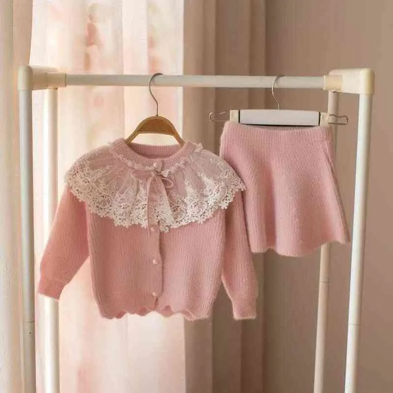 Baby Girls Одежда набор кружевной шерсти свитер костюм для девушки осень весна детей 2 шт. Одежда детская одежда рубашка юбка верхняя одежда 211224