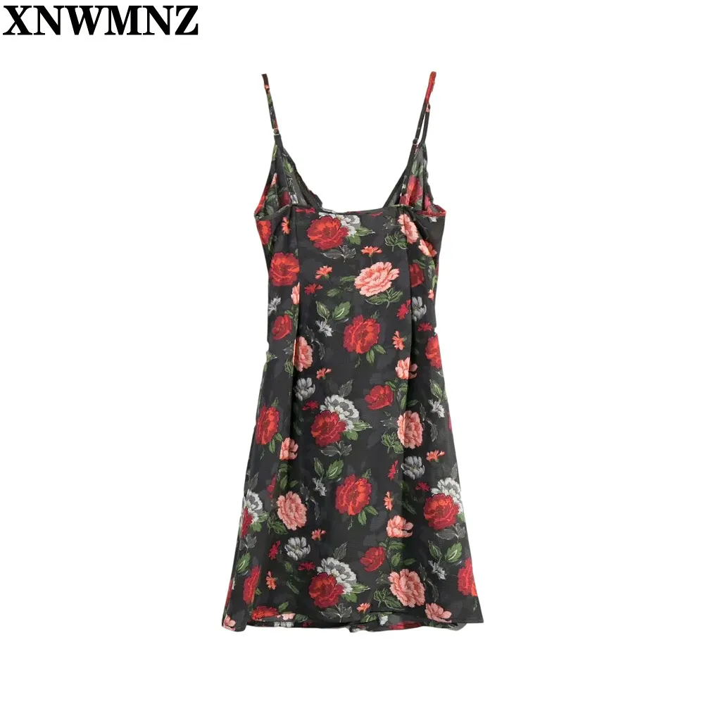 Zwart Rose Print Backless Summer Dress Riem Vintage Beach Holiday V-hals Sexy Button Midi Party Chic 210520