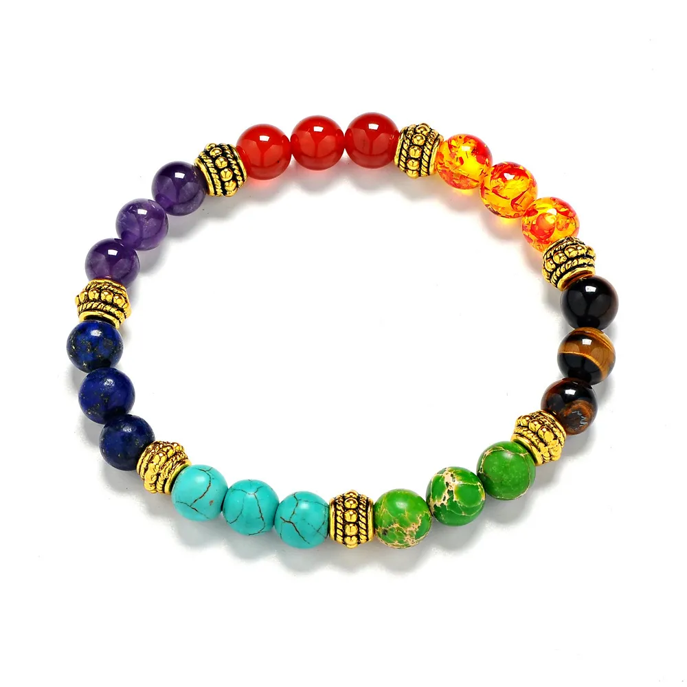 8mm Beads Stone Agate Tiger Stone Seven Pulse Wheel Bracelet Yoga Chakra Amethyst Energy Stone Bracelet Jewelry