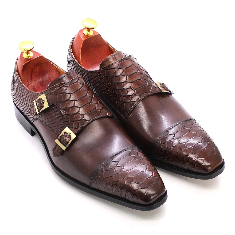 Taille 47 Taille 13 Hommes Chaussures Habillées En Cuir Véritable Double Boucle Moine Sangle Hommes Chaussures Serpent Imprimer Cap Toe Classique Italien Chaussures 210310