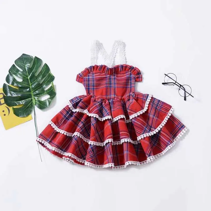 2021 NewChildren's Clothing Filles Robes d'été Toddler Robes d'été rouges pour bébés filles Grille Coton mignon floral Vêtements Q0716