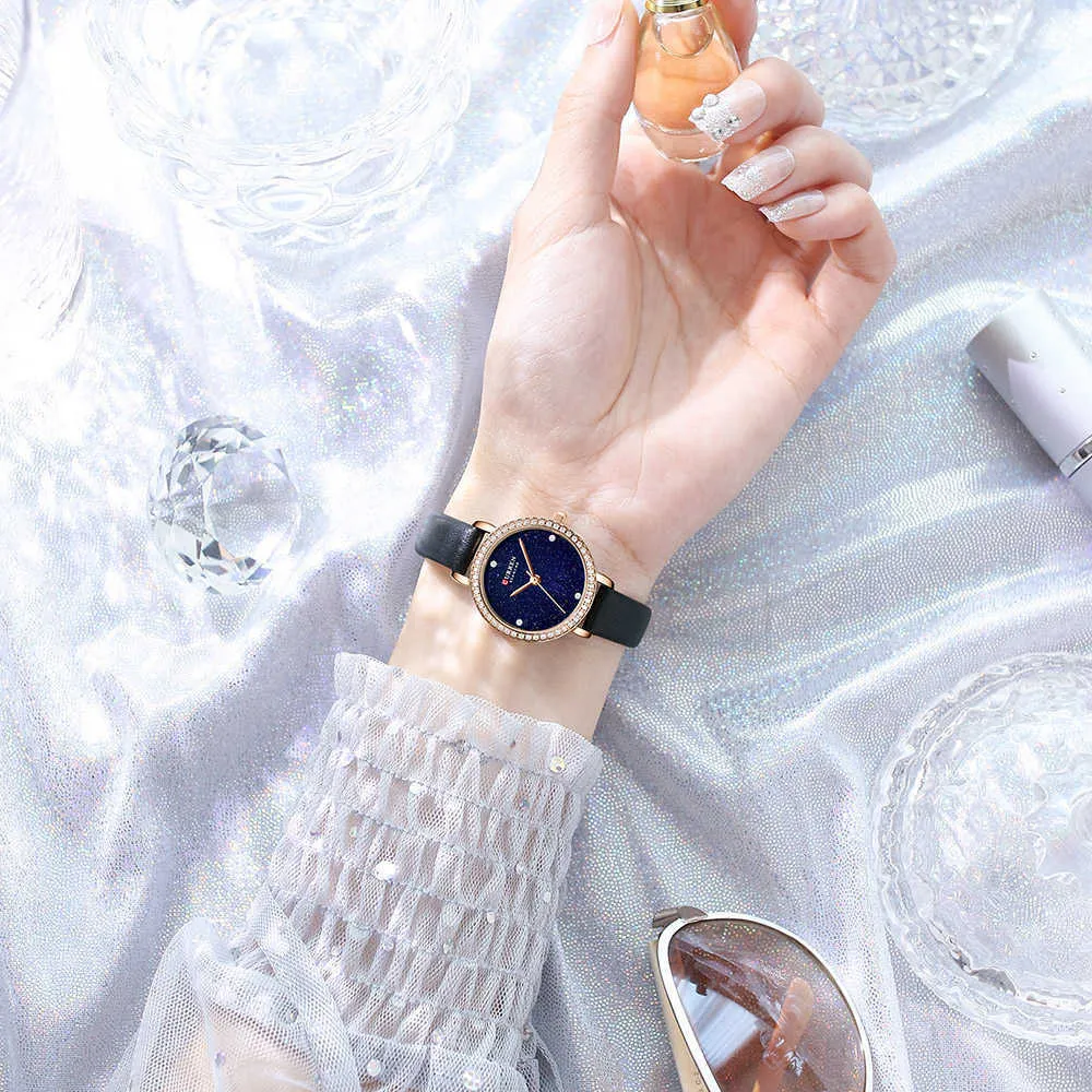 Curren moda orologi di lusso orologio al quarzo da donna con quadrante cielo stellato 2021 orologi da polso con strass in pelle femminile Q0524