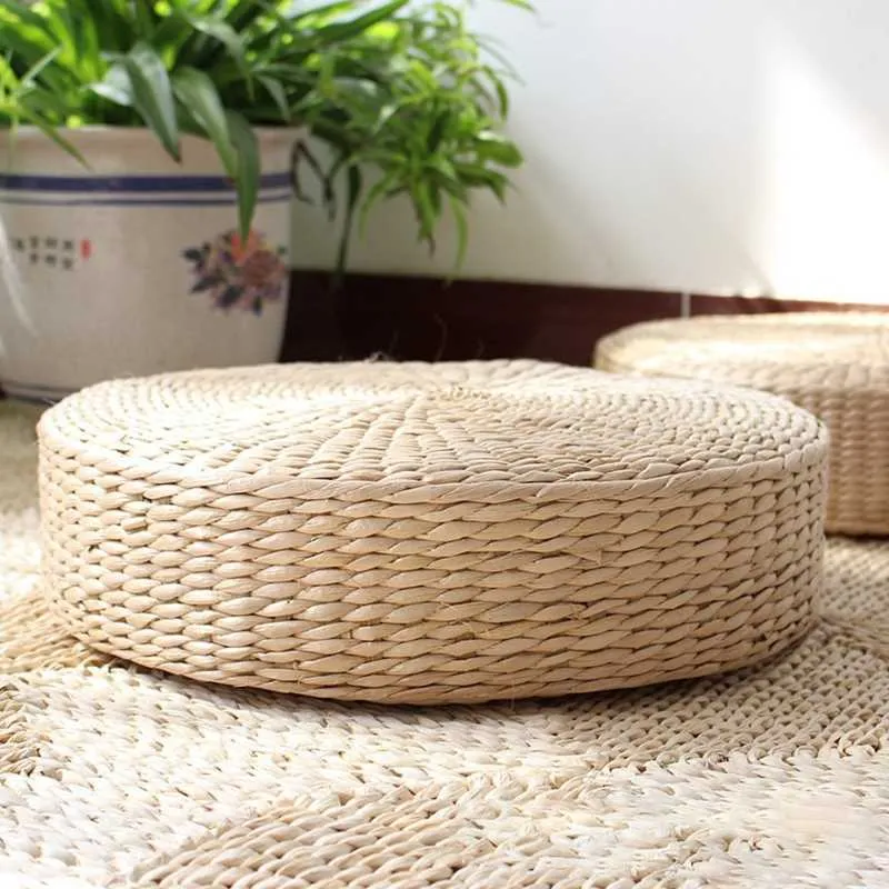 Hand vävt rund sittande kudde japansk tatami golv naturlig cattail mat rum golv straw vadderad multifunktion inomhus 210716