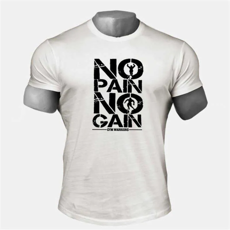 Gymkläder Bodybuilding Fitness Men T Shirt Workout No Pain Gain Cotton Short Sleeve Tshirt Sportkläder Tee Homme 210629